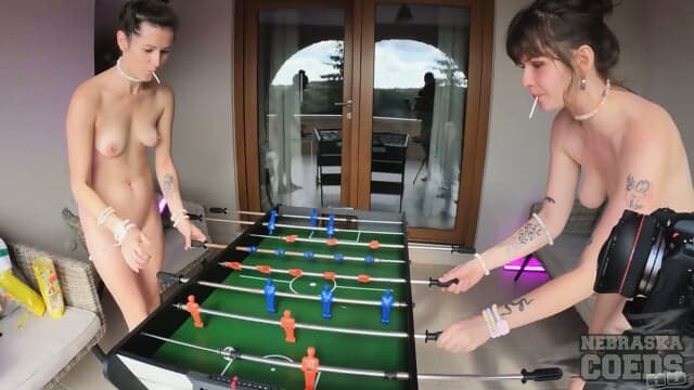Two Naked Babes Play Foosball While Eating Candy Jewelry Off Each Other